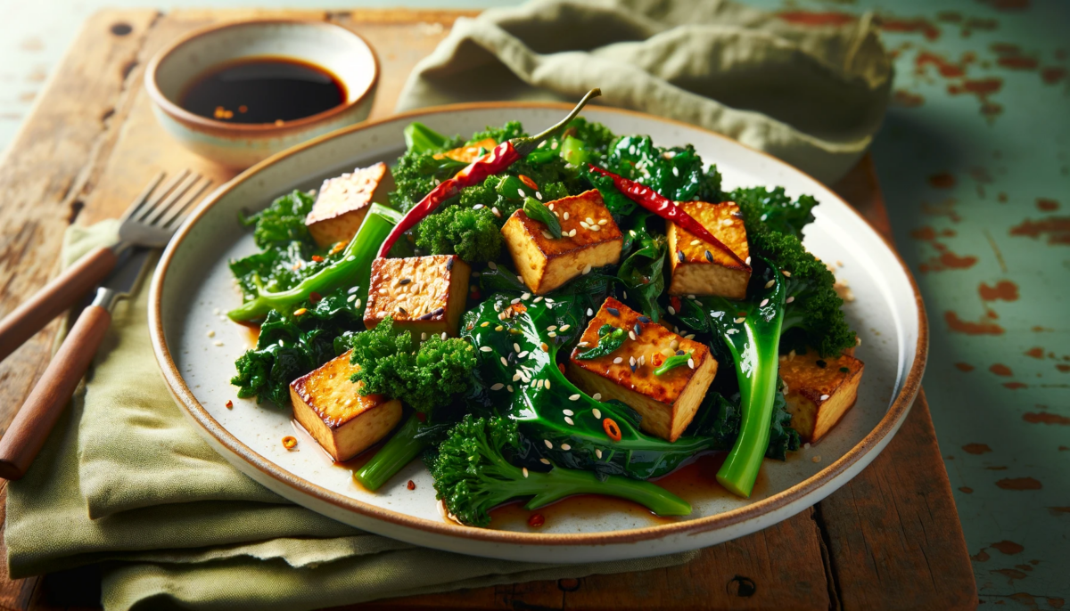A vibrant and colorful plate of stir-fried tofu and kale, garnished with sesame seeds and a hint of chili flakes. The tofu is golden brown and crispy,