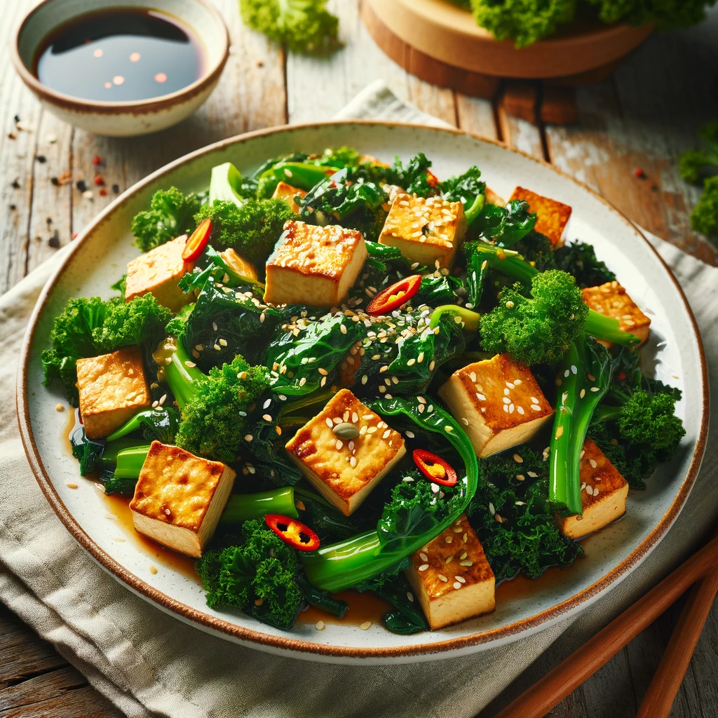 stir fried tofu with kale set in a rustic background