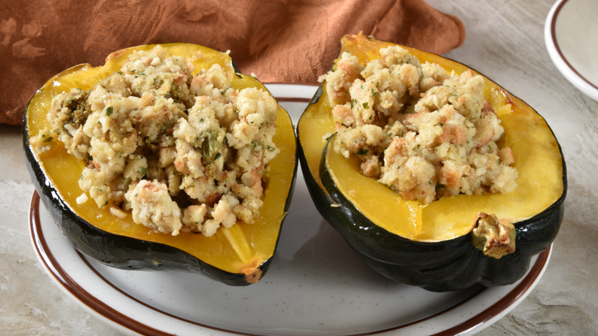 Gourmet Holiday Turkey Dressing in Roasted Acorn Squash Bowl