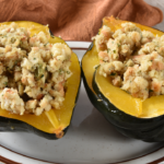 Gourmet Holiday Turkey Dressing in Roasted Acorn Squash Bowl