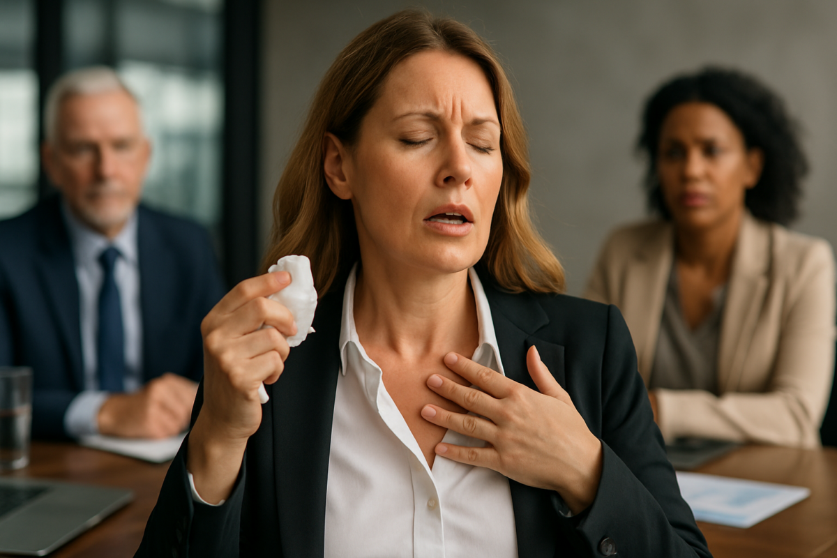 A woman experiencing hot flashes in the boardroom
