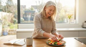 A smiling middle-aged woman with blonde hair in a sunlit kitchen places sliced vegetables onto a plate with grilled chicken, next to a notebook and mug on a wooden counter.