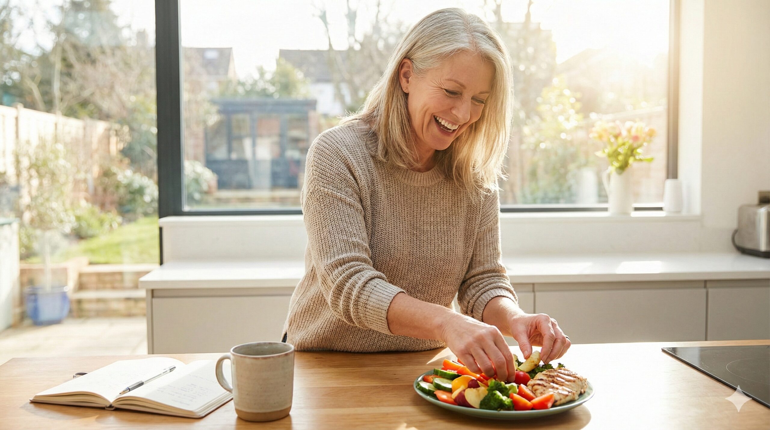 A smiling middle-aged woman with blonde hair in a sunlit kitchen places sliced vegetables onto a plate with grilled chicken, next to a notebook and mug on a wooden counter.