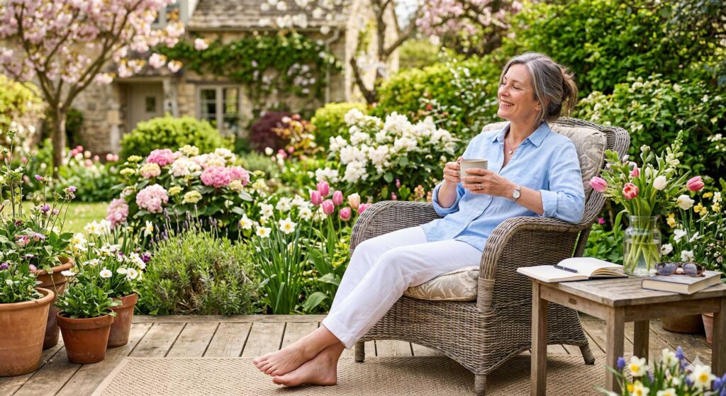 A smiling middle-aged woman sitting barefoot in a wicker chair on a sunlit wooden deck, holding a mug and looking peacefully at her lush spring garden filled with blooming tulips and pink flowers.