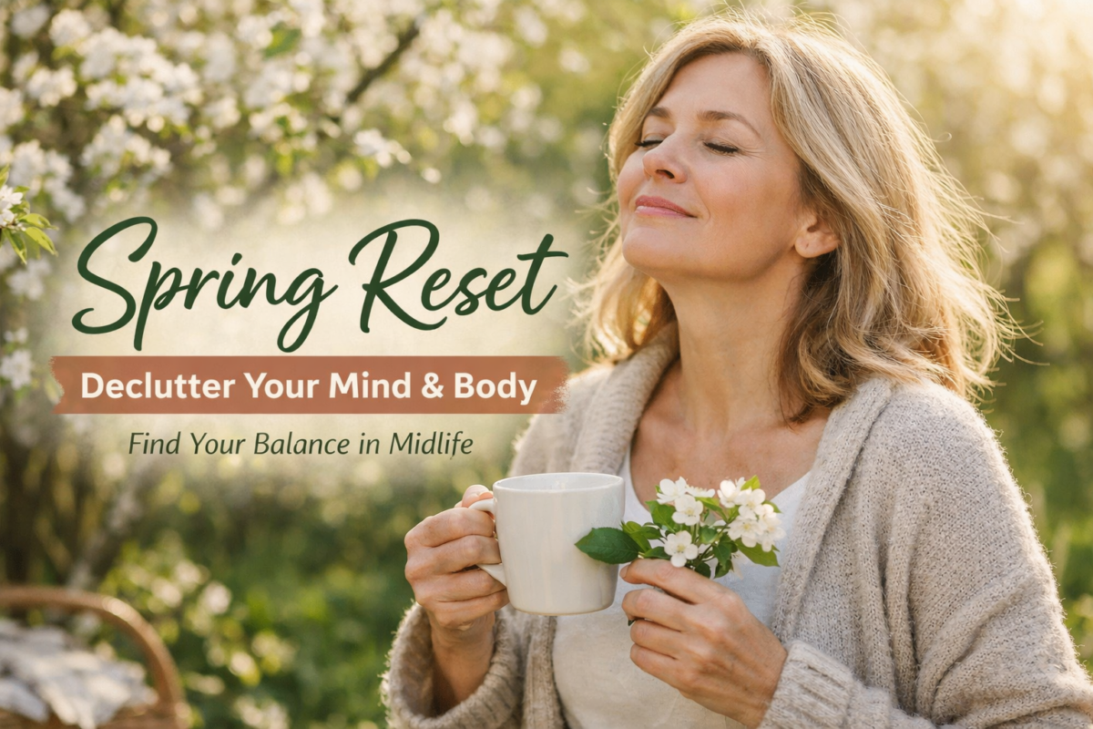 A serene midlife woman stands in a sunlit spring garden, eyes closed and smiling softly while holding a mug and fresh white blossoms