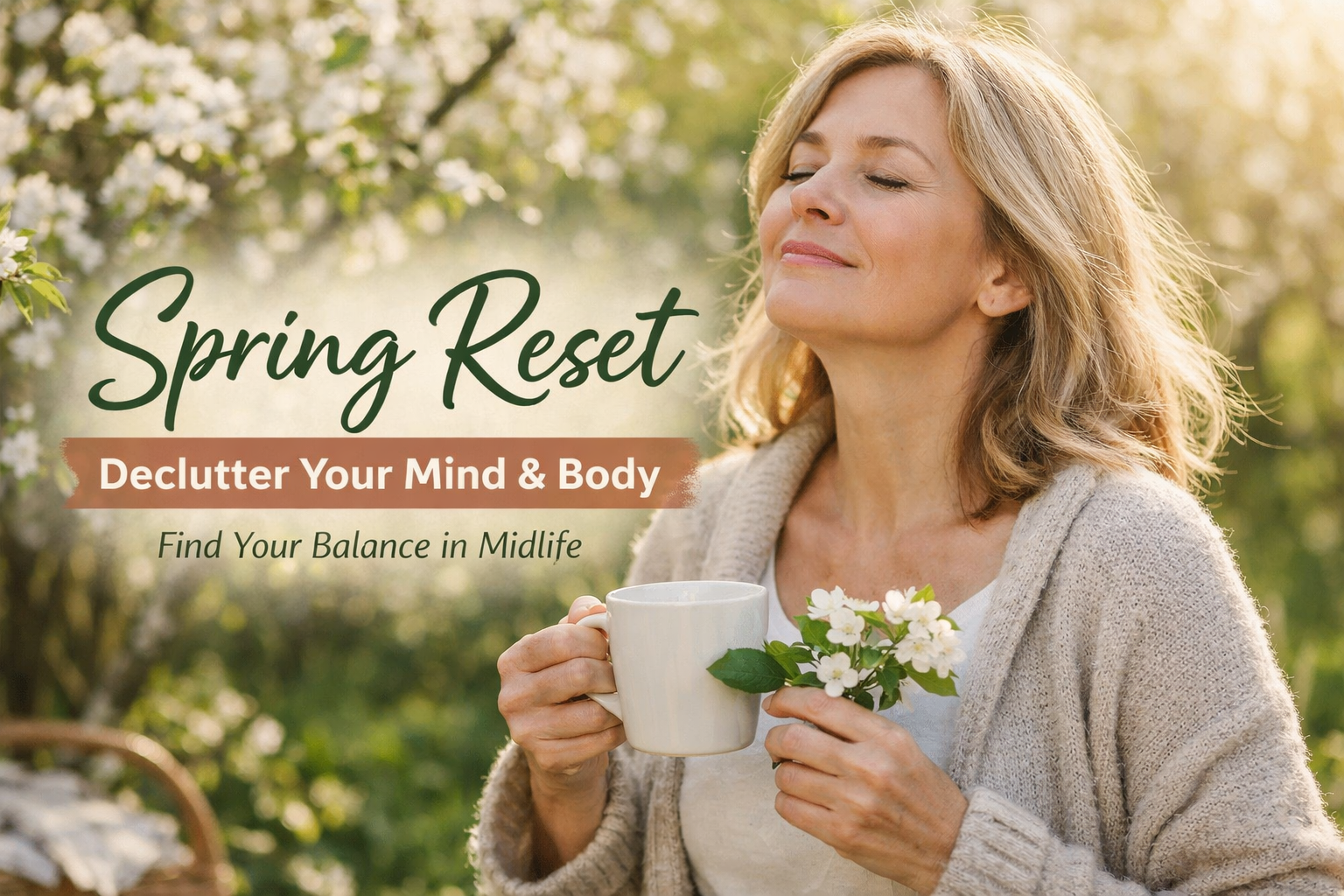 A serene midlife woman stands in a sunlit spring garden, eyes closed and smiling softly while holding a mug and fresh white blossoms