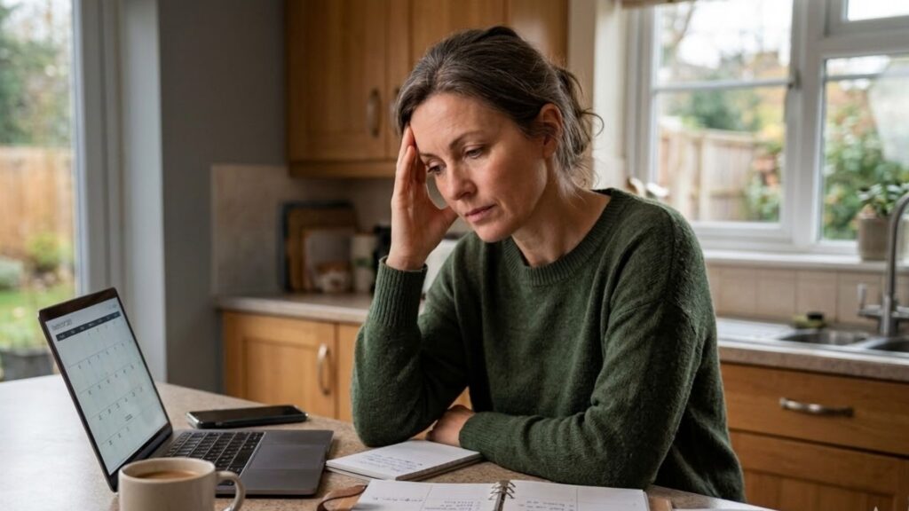 A concerned woman in her 40s sits at a kitchen counter with her hand to her head, looking at a laptop and planner.