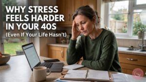 A concerned woman in her 40s sits at a kitchen counter with her hand to her head, looking at a laptop and planner.