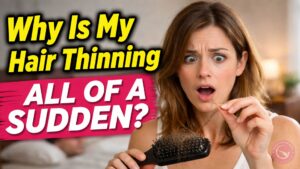 A concerned woman examines strands of hair in her brush while looking in the mirror, with elegant text reading “Why Is My Hair Thinning All of a Sudden?” over a softly lit bedroom background.