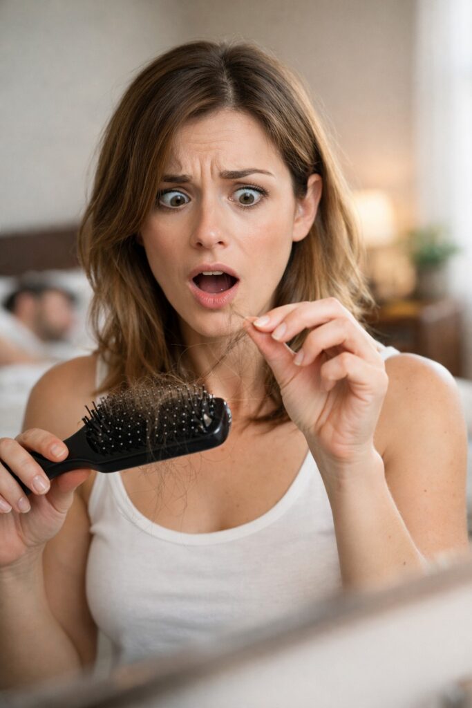 A concerned woman examines strands of hair in her brush while looking in the mirror, with elegant text reading “Why Is My Hair Thinning All of a Sudden?” over a softly lit bedroom background.
