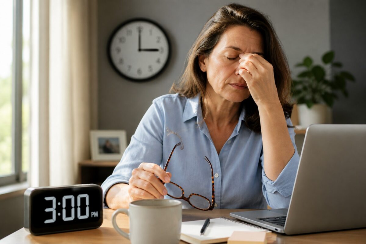 Woman experiencing afternoon fatigue at 3PM, sitting at desk with coffee and laptop, illustrating midday energy crash during perimenopause