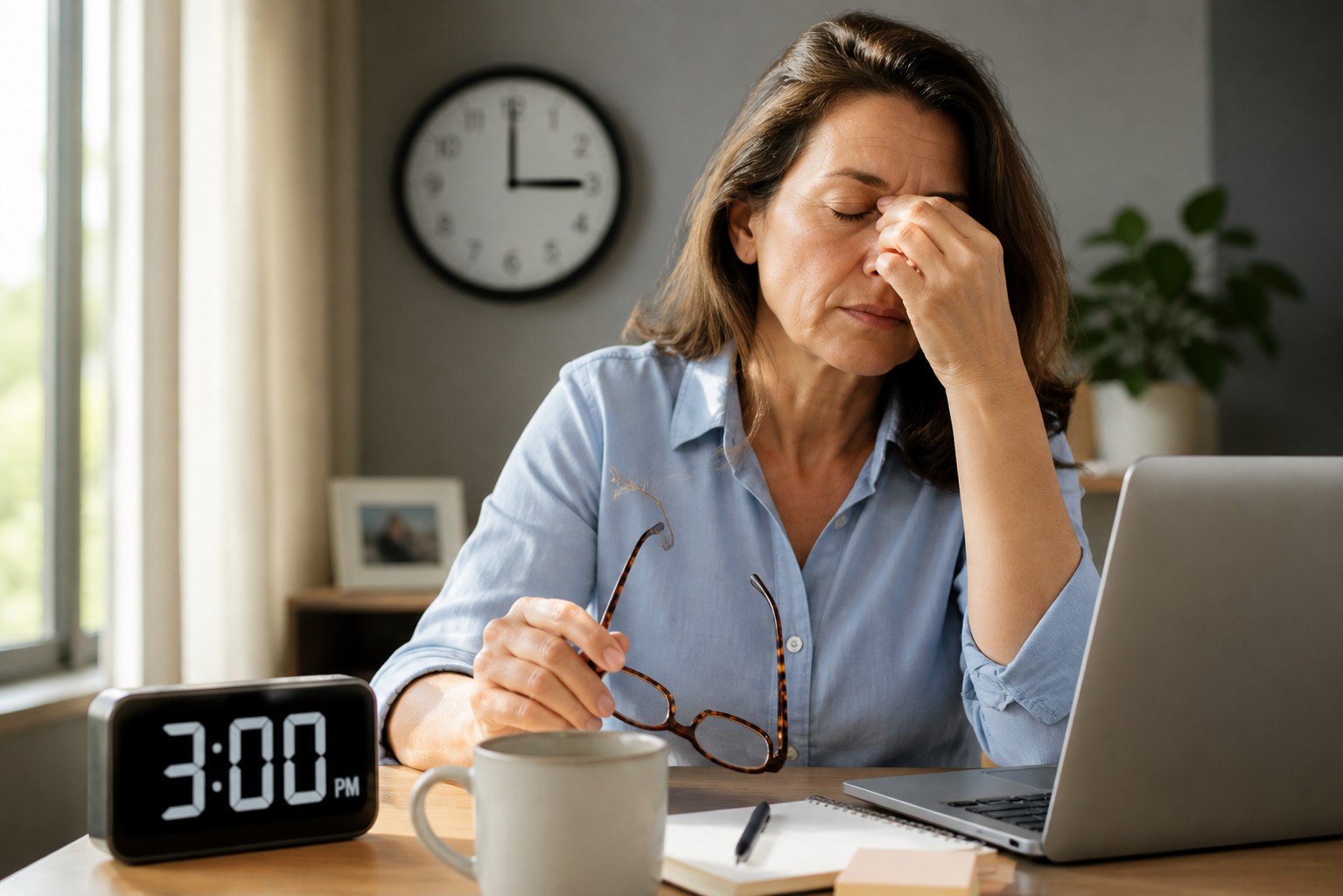 Woman experiencing afternoon fatigue at 3PM, sitting at desk with coffee and laptop, illustrating midday energy crash during perimenopause