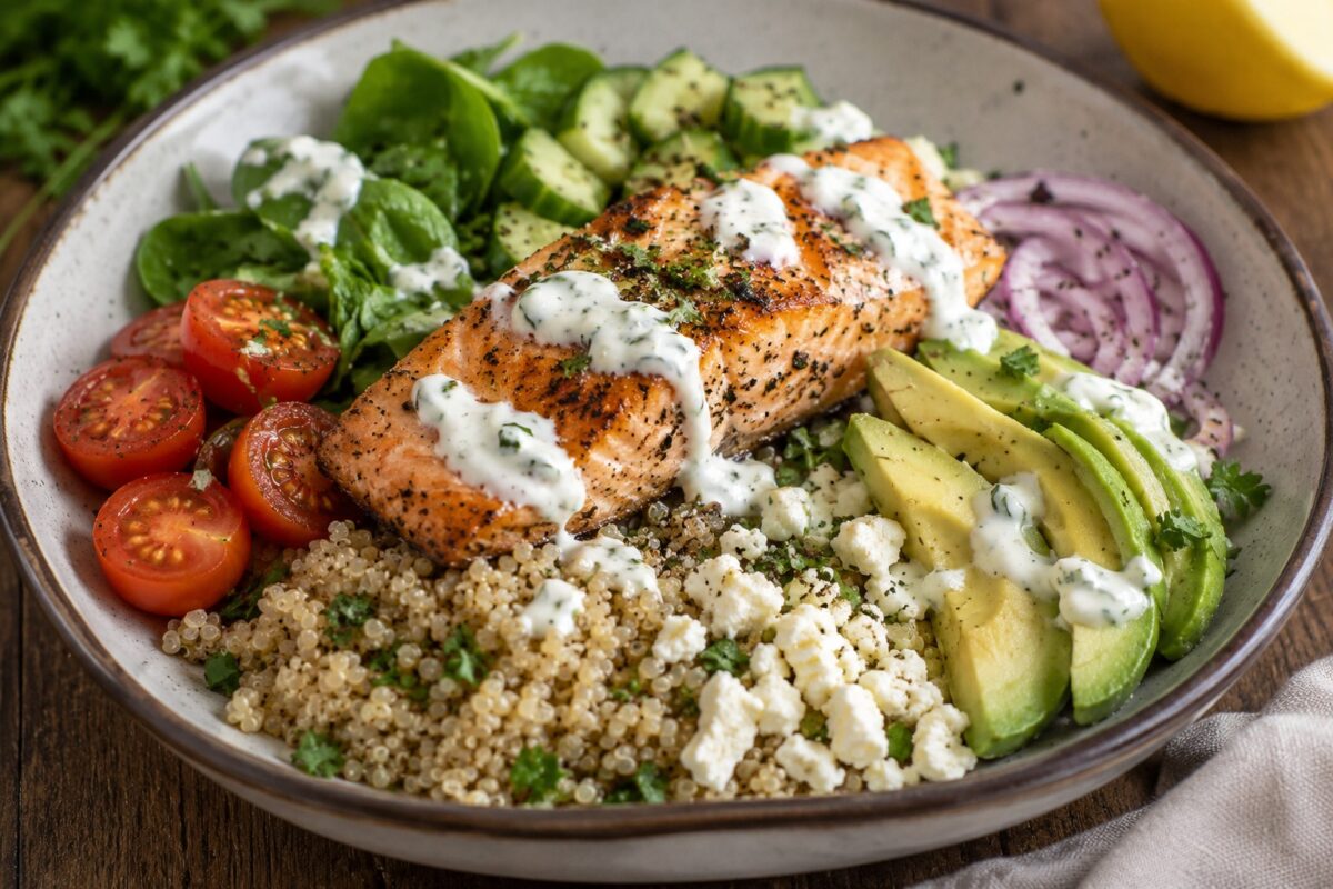 Mediterranean salmon quinoa bowl with roasted salmon, avocado, cherry tomatoes, cucumber, spinach, feta cheese, and creamy herb yogurt sauce in a rustic ceramic bowl