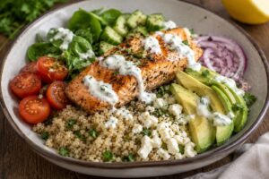 Mediterranean salmon quinoa bowl with roasted salmon, avocado, cherry tomatoes, cucumber, spinach, feta cheese, and creamy herb yogurt sauce in a rustic ceramic bowl