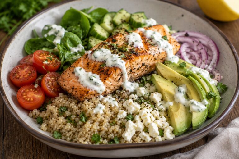 Mediterranean salmon quinoa bowl with roasted salmon, avocado, cherry tomatoes, cucumber, spinach, feta cheese, and creamy herb yogurt sauce in a rustic ceramic bowl