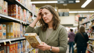 Midlife woman looking mentally overwhelmed while grocery shopping during menopause brain fog.