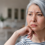 Thoughtful midlife woman sitting at home looking emotionally overwhelmed during menopause and self-care burnout