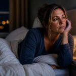 Woman experiencing insomnia during midlife, lying awake in bed at night with bedside lamp, representing menopause-related sleep disturbances.