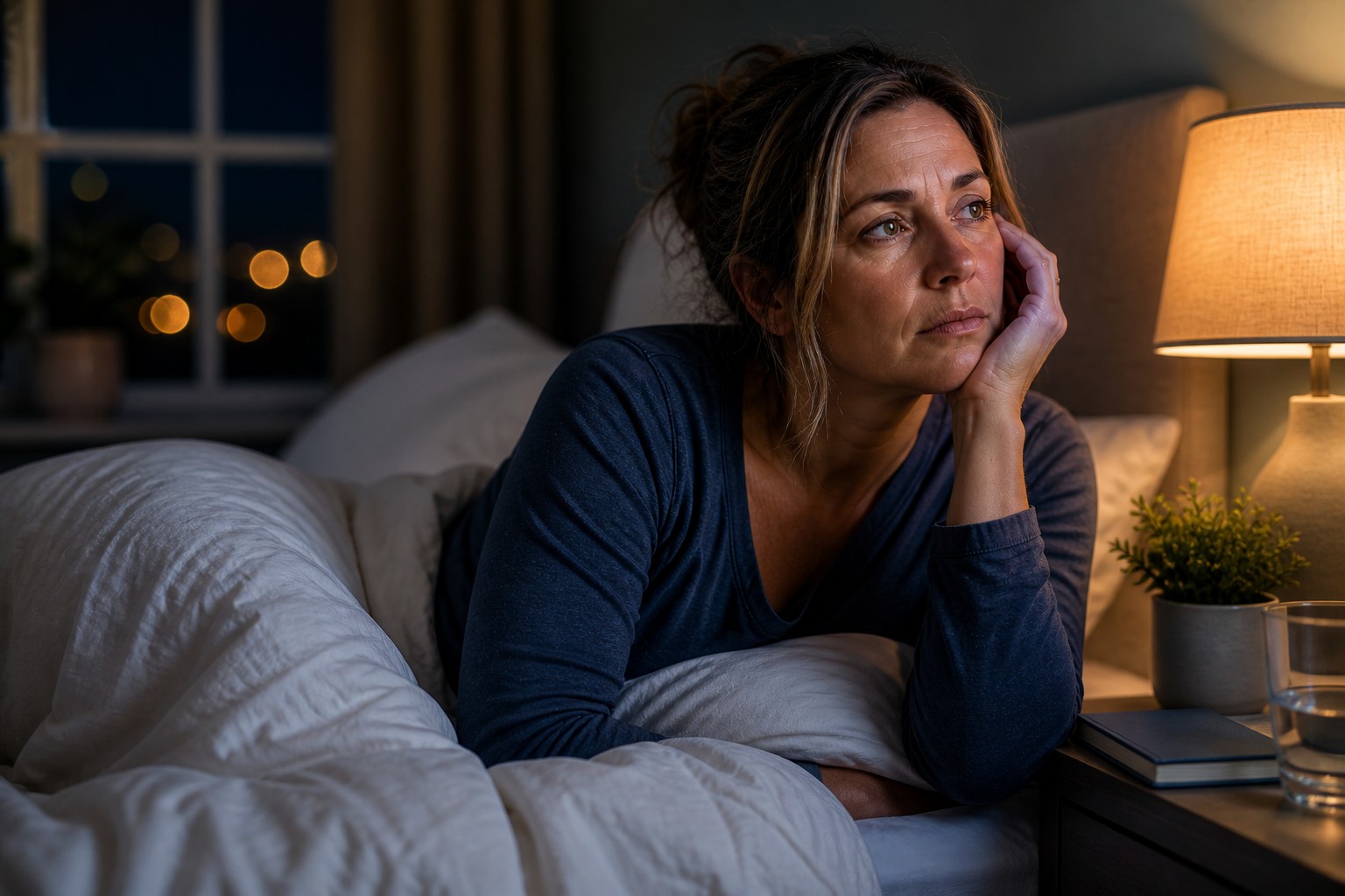 Woman experiencing insomnia during midlife, lying awake in bed at night with bedside lamp, representing menopause-related sleep disturbances.