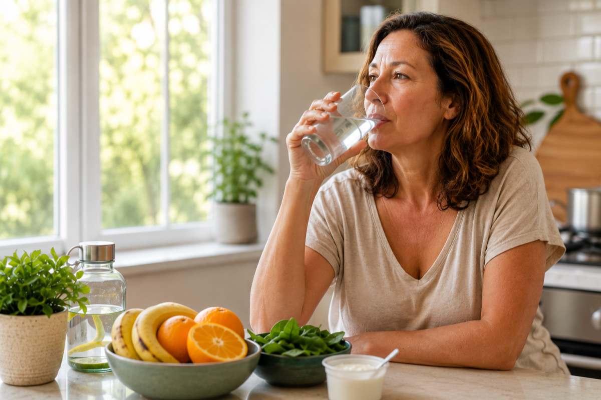 Woman drinking a glass of water after a hot flash while learning about electrolytes during menopause.