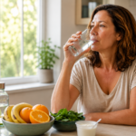 Woman drinking a glass of water after a hot flash while learning about electrolytes during menopause.