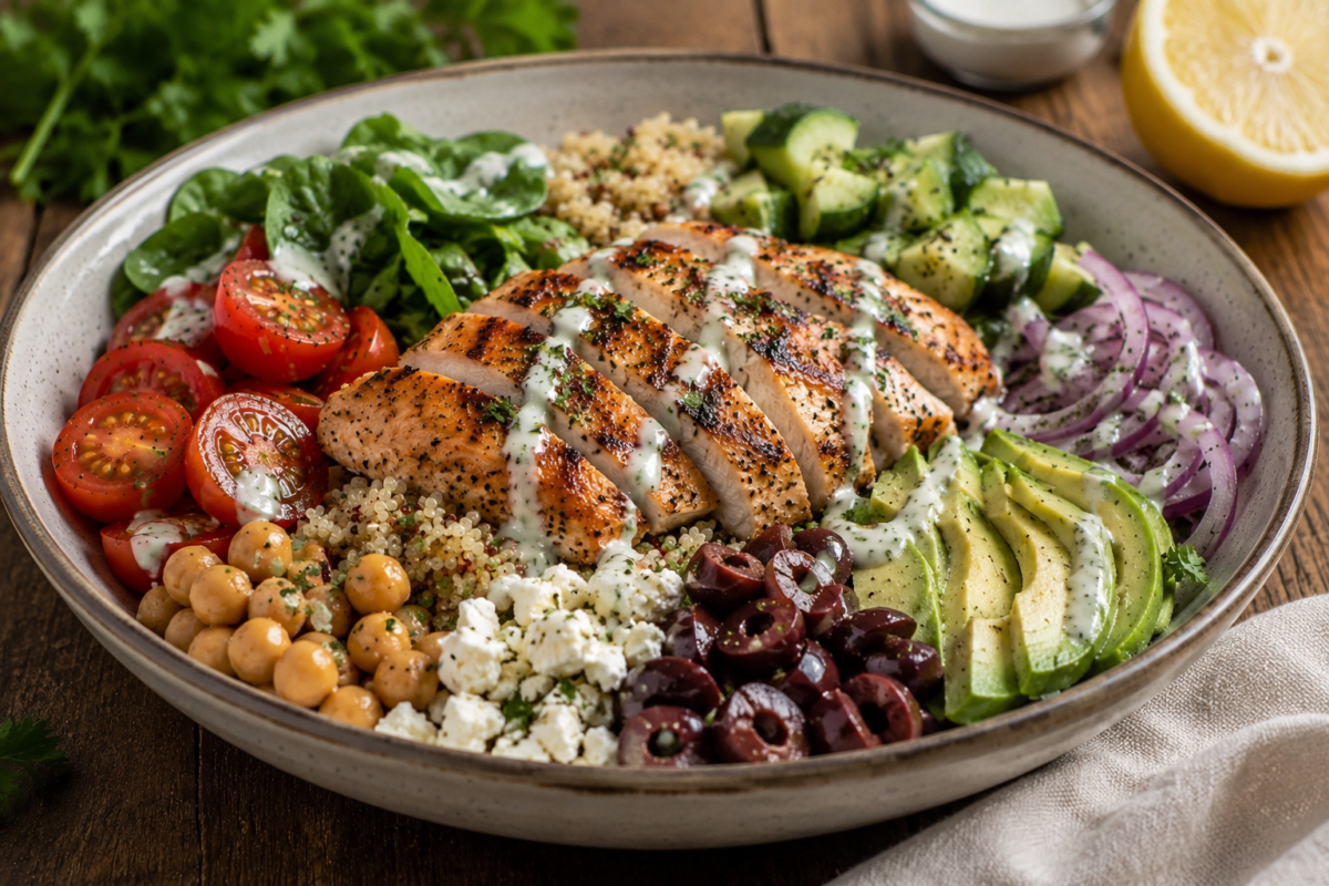 Mediterranean Chicken Power Bowl with quinoa, grilled chicken, avocado, chickpeas, feta, and fresh vegetables – a healthy menopause recipe for better energy.