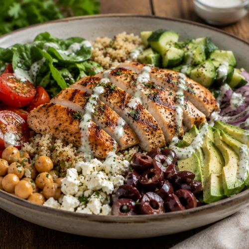 Mediterranean Chicken Power Bowl with quinoa, grilled chicken, avocado, chickpeas, feta, and fresh vegetables – a healthy menopause recipe for better energy.