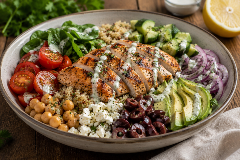 Mediterranean Chicken Power Bowl with quinoa, grilled chicken, avocado, chickpeas, feta, and fresh vegetables – a healthy menopause recipe for better energy.