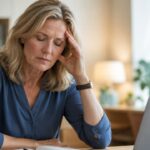 Midlife woman sitting at her desk looking overwhelmed and fatigued while experiencing menopause brain fog, memory lapses, and difficulty concentrating.