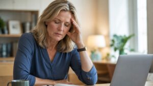 Midlife woman sitting at her desk looking overwhelmed and fatigued while experiencing menopause brain fog, memory lapses, and difficulty concentrating.