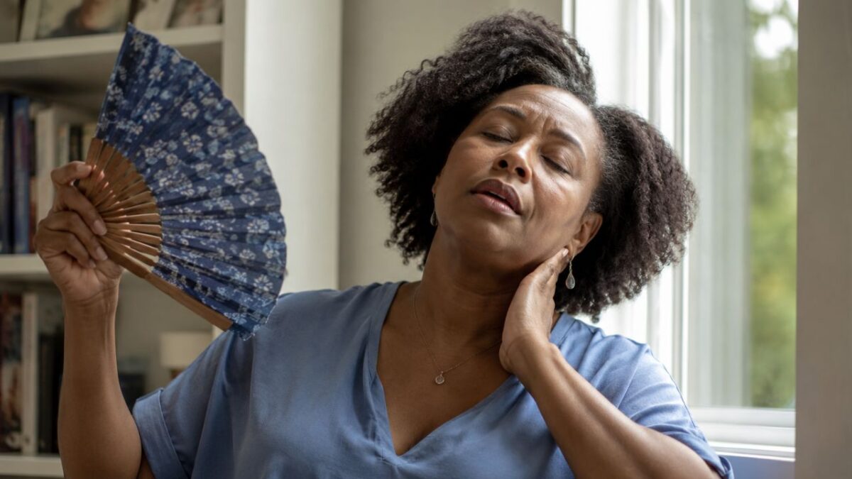 Midlife woman cooling herself during a menopause hot flash near a bright window.