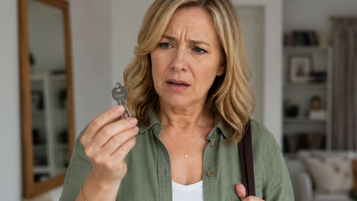 Brain Fog During Menopause – Confused Woman Holding a House Key