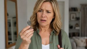 Brain Fog During Menopause – Confused Woman Holding a House Key
