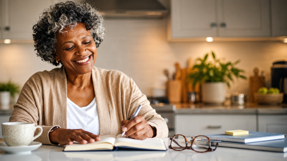 Smiling woman in menopause writing in a journal at home, illustrating menopause brain fog and memory changes.