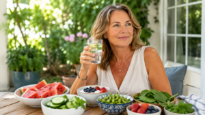 A woman in her 50s enjoying cooling foods for hot flashes, including watermelon, cucumbers, berries, Greek yogurt, spinach, edamame, and mint with a glass of ice water on a shaded summer patio.