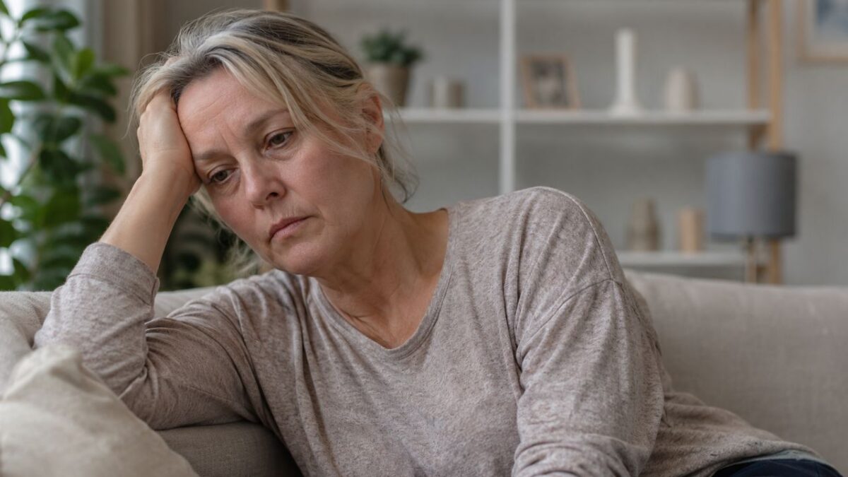 A tired middle-aged woman sits on her living room couch with her head resting on her hand, looking physically and emotionally exhausted, illustrating the everyday experience of menopause fatigue.