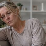 A tired middle-aged woman sits on her living room couch with her head resting on her hand, looking physically and emotionally exhausted, illustrating the everyday experience of menopause fatigue.