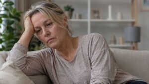 A tired middle-aged woman sits on her living room couch with her head resting on her hand, looking physically and emotionally exhausted, illustrating the everyday experience of menopause fatigue.