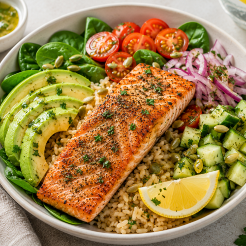 Omega-3 salmon and avocado bowl with brown rice, spinach, cucumber, cherry tomatoes, red onion, pumpkin seeds, and lemon herb dressing.