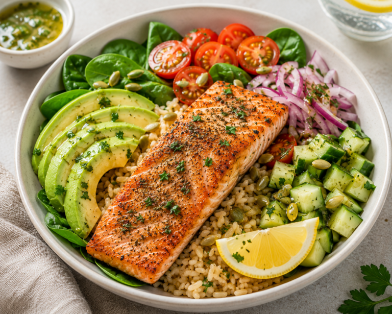 Omega-3 salmon and avocado bowl with brown rice, spinach, cucumber, cherry tomatoes, red onion, pumpkin seeds, and lemon herb dressing.